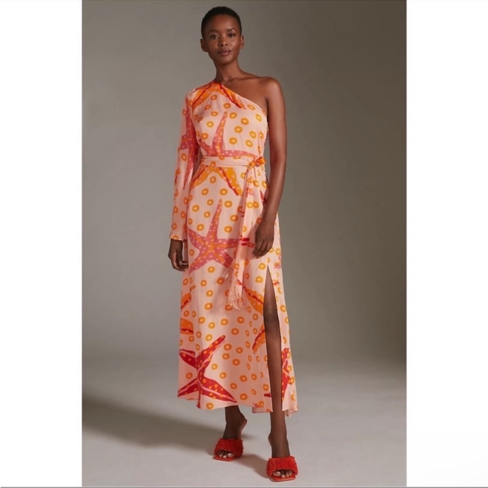 Anthropologie Farm Rio One Shoulder Starfish Maxi Dress Orange Size Small NWT - Picture 5 of 10